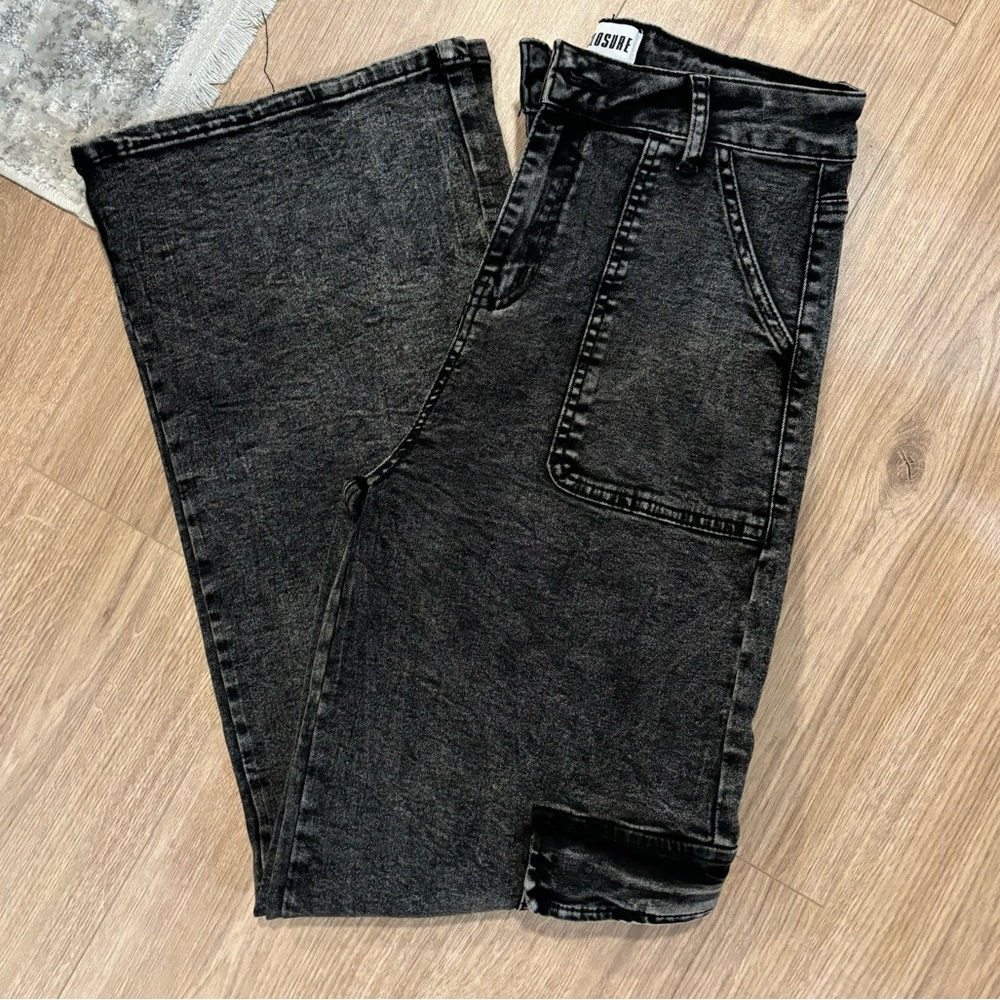 Black Acid wash Cargo wide leg Jeans